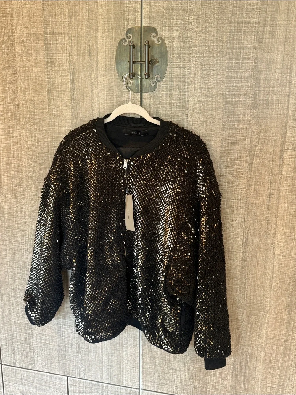 Zara Black And‎ Gold Sequin Bomber Jacket.